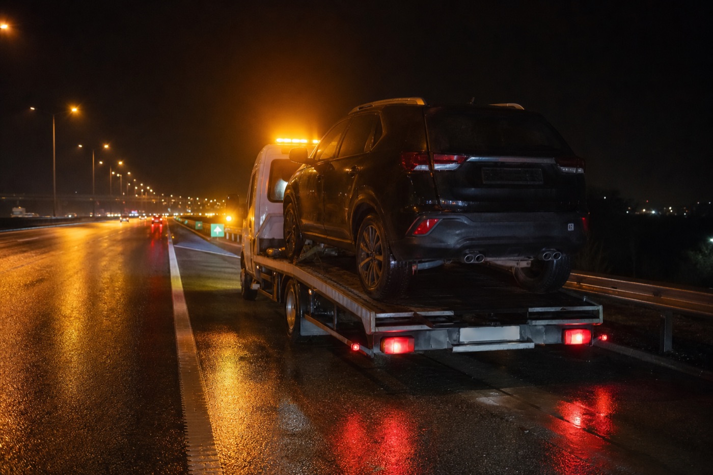 Gece otoban oto kurtarma — amber ışıklı çekici